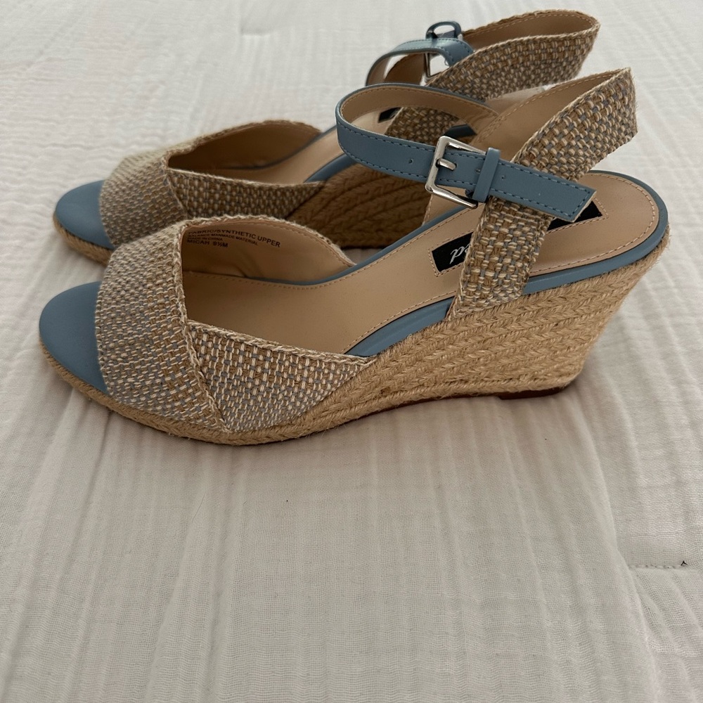 Stylish Blue and Tan Wedge Sandals